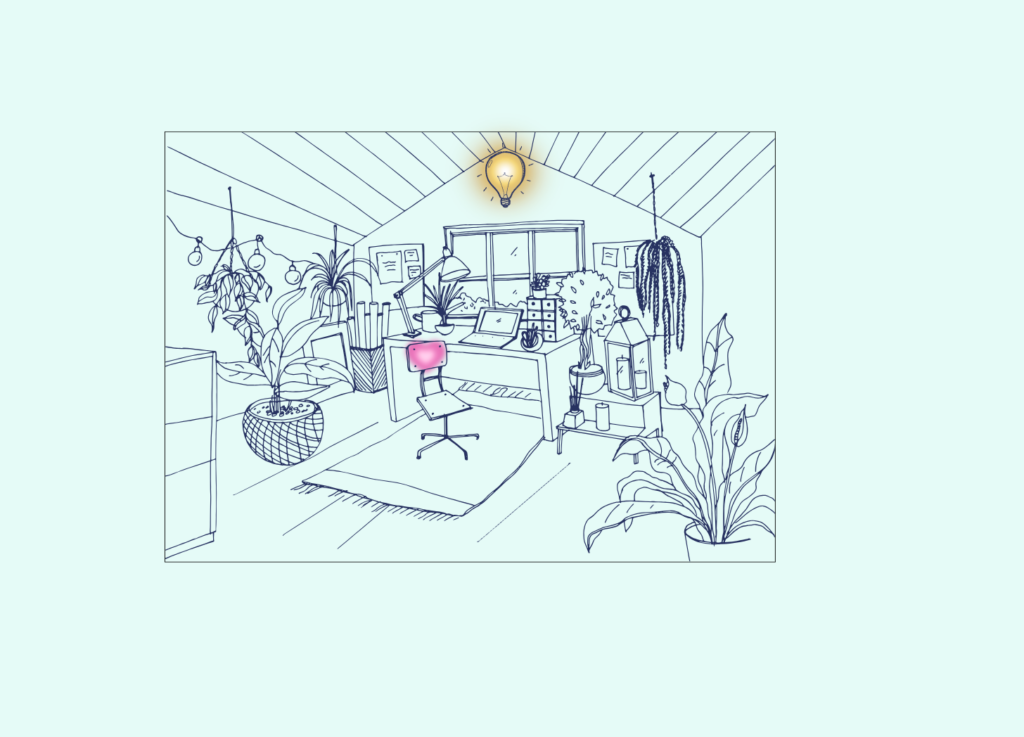 Illustration of an organized office with lots of plants and inspiraation ligh buld on ceiling and a glowing heart on the chair.