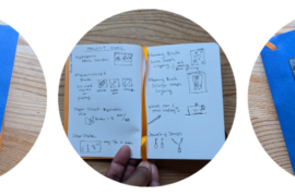 Three pictures of a blue notebook. Image 1: Cover with sticker, "One Of a Kind" Image 2: writing and doodles of projects Image 3: back cover with sticker of a space man and ideas shooting out helmet
