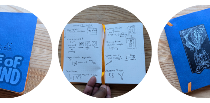 Three pictures of a blue notebook. Image 1: Cover with sticker, "One Of a Kind" Image 2: writing and doodles of projects Image 3: back cover with sticker of a space man and ideas shooting out helmet