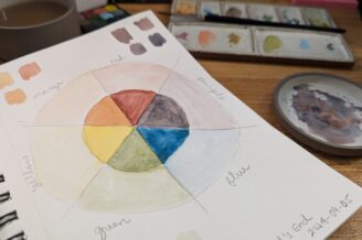 A close-up of a sketchbook showing a hand-painted color wheel and color swatches. Nearby are a paint palette, a brush, and a cup.