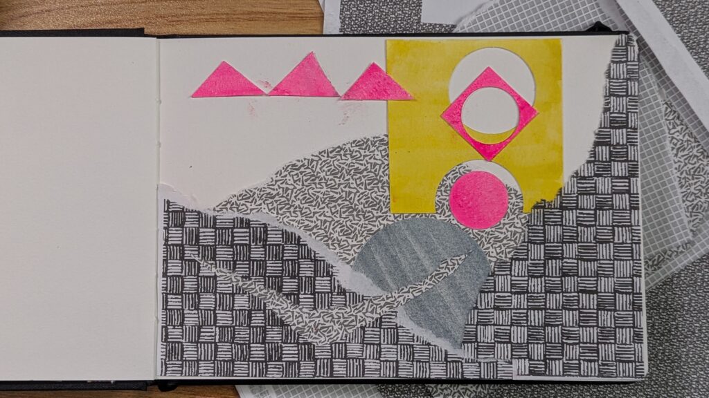 landscape collage of grey patterned evelopes and bright colored paint