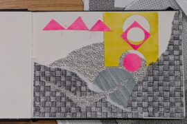 landscape collage of grey patterned evelopes and bright colored paint
