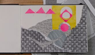 landscape collage of grey patterned evelopes and bright colored paint
