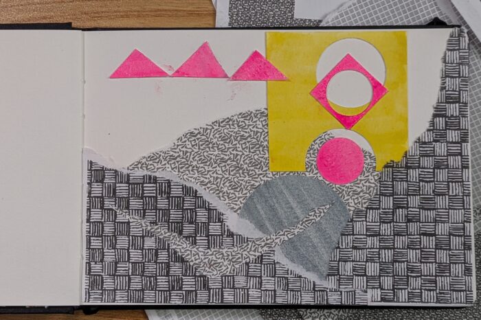 landscape collage of grey patterned evelopes and bright colored paint