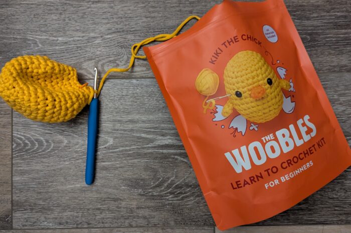 Wobbles particially crocheted chick with yellow yarn