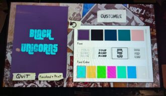 A user interface with a sticker preview (purple background the letters "Black Unicorns" in turquoise). Choices of colors and fonts on the side.