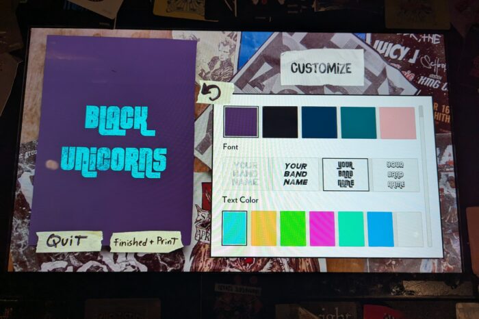 A user interface with a sticker preview (purple background the letters "Black Unicorns" in turquoise). Choices of colors and fonts on the side.