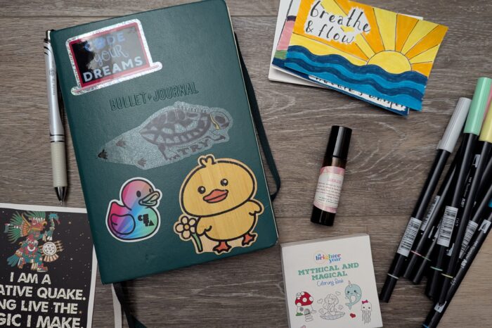 Journal, markers, cards, coloring book