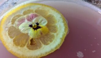 Close up of a lavendar colored cocktail with a a sugar rim and lemon floating on top with a little flower.